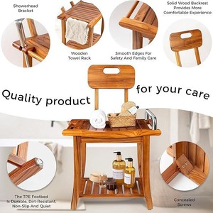 Chaise de douche en bois avec dossier et accoudoirs, tabouret de salle de bain à double rangement pour équipement de sécurité pour le bain - Product Image 3