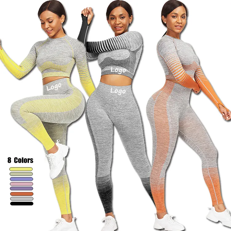 Ezme Butt uzun kollu artı boyutu yaz baskılı spor dikişsiz nervürlü pantolon sonbahar iki parçalı kadın Yoga mat setleri