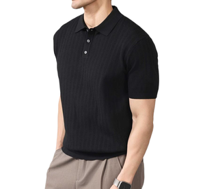 Camiseta de Punto Acanalado Azul Marino para Hombre, Manga Corta, Botones, Color Sólido, Transpirable, Estilo Casual Elegante, Logotipo Frontal, Servicio OEM - Product Image 1