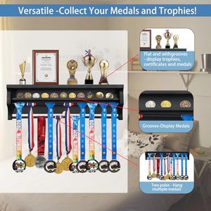 ตู้โชว์สีดำไม้เนื้อแข็งสำหรับแขวนเหรียญ ชั้นวางติดผนังพร้อมร่องสำหรับเหรียญและรางคู่สำหรับเหรียญกีฬาทุกประเภท - Product Image 5