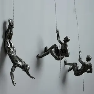 Background Climbing Man Resin Iron Wire Wall Decoration Sculpture Figures Creative Retro Present Statue Hanging Decor