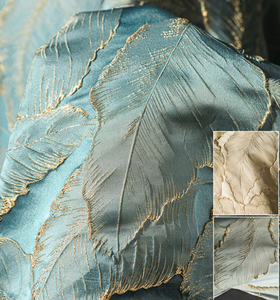 Vải thiết kế kết cấu ba chiều Retro cao cấp của Pháp với lá màu xanh lam và sợi chỉ vàng - Product Image 2