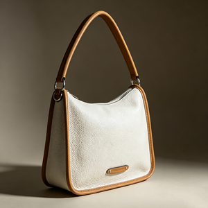 <b>Cream</b> Pebbled Leather Shoulder Bag, Tan Contrast Trim Top Handle Front Zipper Pocket Casual <b>Handbag</b> - Product Image 6