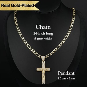 Collier pour <span class=keywords><strong>homme</strong></span> plaqué or 14 carats <span class=keywords><strong>avec</strong></span> pendentif <span class=keywords><strong>croix</strong></span> et crucifix de Jésus, chaîne cubaine mate Figaro en forme de corde Miami - Product Image 6