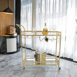 Carrito de Bar Moderno Plegable con Ruedas Doradas de Hierro, Carrito de Bebidas para Hotel con 4 Ruedas - Mueble Comercial Móvil de Lujo - Product Image 3