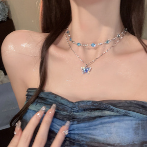 Collar Romántico <span class=keywords><strong>de</strong></span> Mariposa con Cristal Azul para Mujeres y Chicas, Gargantilla Simple <span class=keywords><strong>de</strong></span> Doble Capa con Circón Brillante, Cadena para Clavícula, Nueva Joyería Fina - Product Image 2