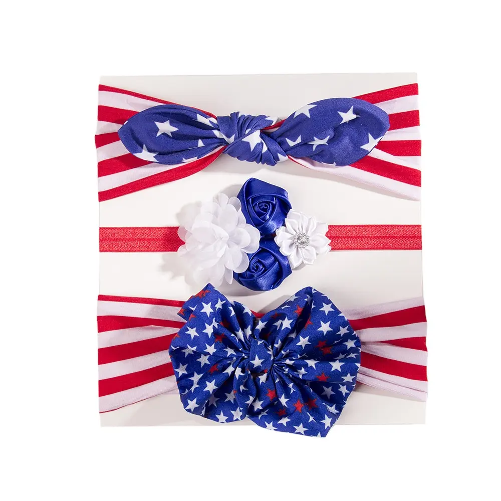 미국 독립 기념일 머리띠 단색 인쇄 도트 절름발이 줄무늬 대형 활 코튼 머리띠