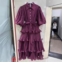 Nouvelle Robe Plissée Vintage Mi-Longue en Polyester avec Manches Lanterne et Jupe Parapluie, Grande Taille, Couleur Unie pour Femme