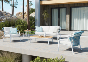 Tavolino da Caffè Moderno e Resistente in Lega di <span class=keywords><strong>Alluminio</strong></span> per Esterni con Piano in Teak - Resistente alle Intemperie e ai Raggi UV, Elegante per Villa, Cortile, Hotel, Sala da Pranzo - Product Image 4