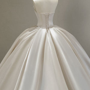 Vestido de Novia de Satén con Lazo Real SFY184, Vestidos de Fiesta para Mujer con Cola de Capilla, Volantes, Pliegues, Antiestático - Product Image 4