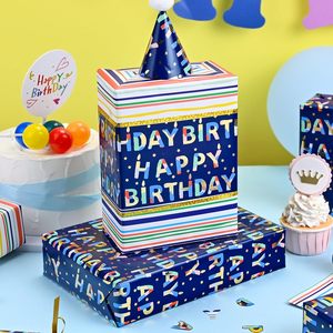 Blue Birthday Wrapping Paper 17 Inch X 16.5 Ft Reversible Metallic Foil Striped Pattern For Gift <b>Wrap</b> - Product Image 6