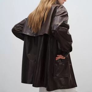 Nouvelle collection hiver : Blousons en cuir pour femme, style professionnel, à revers, vintage, longs, amples, à épaules tombantes - Product Image 2