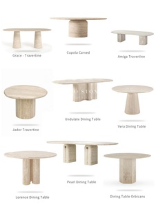 Tavolo da Pranzo in Travertino Lucidato Stile Wabi Sabi, Forma Ovale Morbida con Colonne Romane Scanalate, Arredamento Minimalista per Sala da Pranzo - Product Image 6