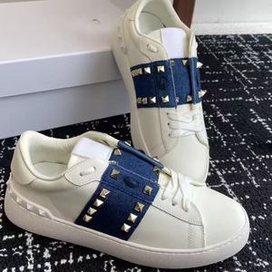 Women's <b>White</b> Leather Sneakers with Navy Blue Studded Accent Stripe Low Top <b>Lace</b>-Up Casual Shoes - Product Image 1