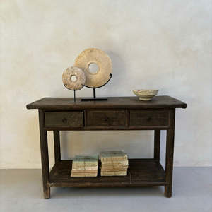 Antique Solid Elm Wood <b>Console</b> <b>Table</b> Original <b>Black</b> Paintwork Features Drawers Shelf for Dining Room Application - Product Image 1