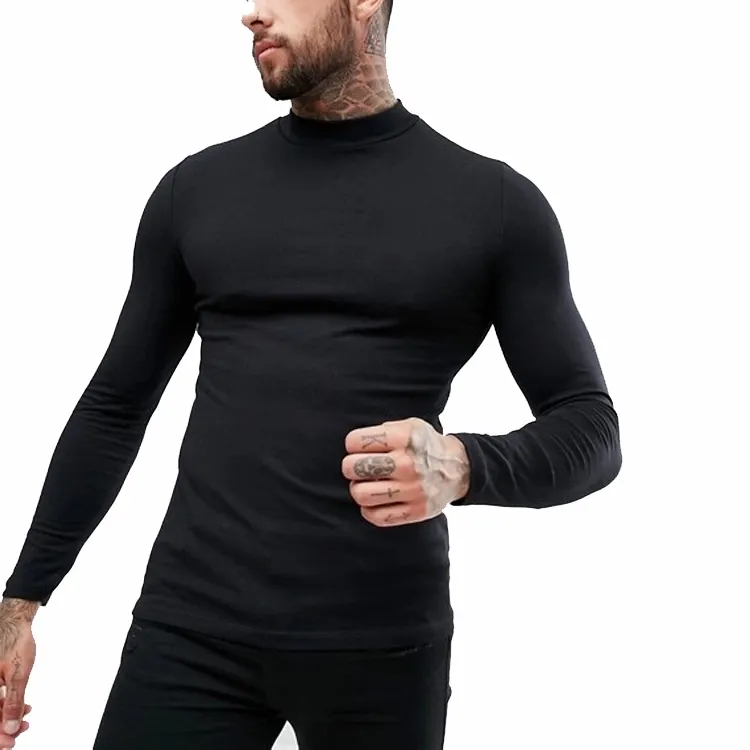 Benutzerdefinierte Männer Langarm Schildkröte Neck Schwarz T-shirt Muscle Fit Baumwolle 95% Elasthan 5% Leere T-shirt
