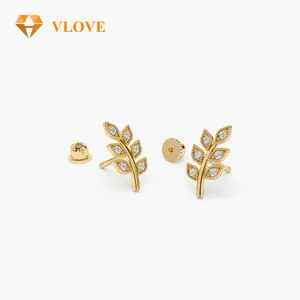 VLOVE Brincos de ouro maciço 14K folha diamante helicoidal piercing para venda e artigos de venda quente