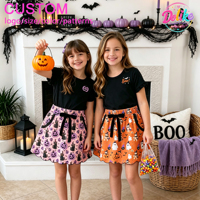 Tenue d'Halloween pour filles, haut à manches courtes en fibre de bambou, jupe à volants, ensemble 2 pièces avec imprimé citrouille et fantôme pour enfants