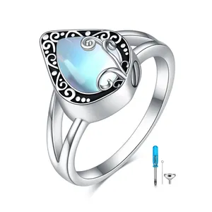 Immer in meinem Herzen Wassertropfenurne Ring 925 Sterling-Silber Mondstein Aschenring für Herren Damen Haustier