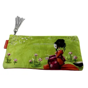 Chinese style beatiful girl print canvas pencil zip pouch