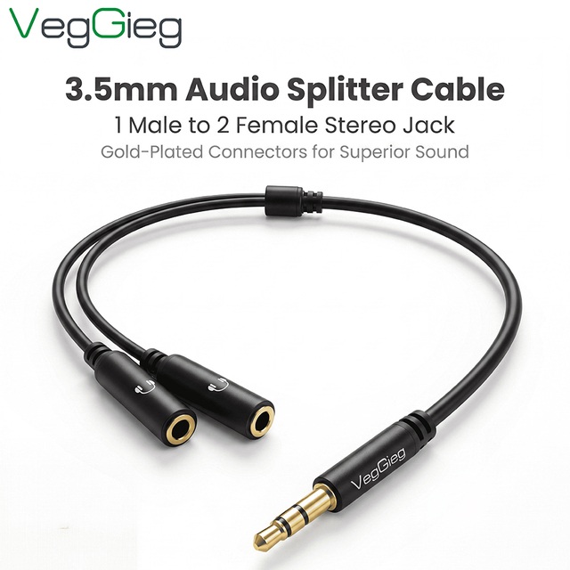 Veggieg OEM ODM 3.5mm Microphone Headset Audio Cable 2 in 1 Male to Dual 3.5 Female Y Splitter AUX HIFI Cable for Headphone