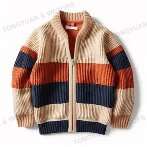 Cardigan personnalisé de haute qualité pour garçon, fermeture éclair, col rond, rayé, tricot en coton pour enfants - Product Image 1