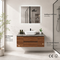 Meuble-lavabo flottant moderne et minimaliste en contreplaqué couleur noyer avec plan de travail en pierre et miroir LED rectangulaire