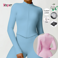 Vestes de Yoga de couleurs unies pour femmes bas en V à séchage rapide coupe ajustée fermeture à glissière avant vêtements d'extérieur de gymnastique tailles S XL grande taille Logo taille