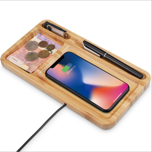 10W Fast Charging Pad with Bamboo Wood Storage Organizer Wireless Charger Pad