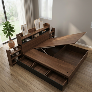 Modern Midcentury Solid Teak Wood King Size Multifunction Storage <b>Bed</b> with Lift up Mattress and <b>Drawers</b> - Product Image 3