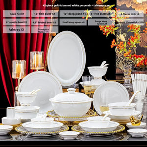Services <span class=keywords><strong>de</strong></span> table en porcelaine fine <span class=keywords><strong>de</strong></span> luxe, bord doré, bols à soupe blancs, assiettes, <span class=keywords><strong>vaisselle</strong></span> en céramique <span class=keywords><strong>pour</strong></span> hôtel, restaurant, mariage - Product Image 5