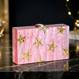 Elegant <b>Pink</b> Resin Crafts Clutch Bag Golden Star Inlay Marbled Finish Women Evening Party Small Handbag Acrylic <b>Purse</b> Gifting - Product Image 1