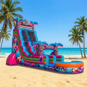 Toboggan aquatique gonflable géant personnalisé Hibiscus Hawaïen en PVC double piste avec piscine pour location événementielle extérieure - Product Image 3