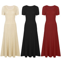 Robe en tricot unie à sequins haut de gamme, col rond, manches courtes, taille ajustée, élégante, décontractée, pour femme
