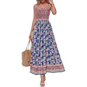 FOXA Womens <b>Summer</b> Maxi <b>Dress</b> Floral <b>Boho</b> Spaghetti Strap A-Line Elastic Waist Breathable Casual Beach Sundress - Product Image 1