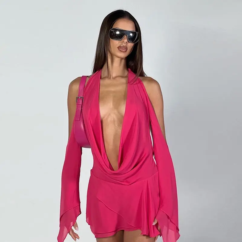 Summer New Halter Mesh Mini Dress Women Sexy Swinging Collar Off Shoulder Long Sleeve Backless Lace Up Solid Party Clubwear