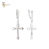 Boucles d'oreilles pendantes FJ Fallon Fashion Jewelry, crucifix Jésus, croix catholique, plaquées or 14 carats, base en laiton