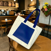 Sac fourre-tout en toile crème SYNCWAY avec logo personnalisé, poche bleu roi, grand sac à main multi-poches pour le travail et le café