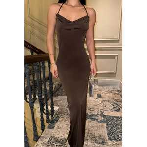 Formal Party Satin Dress Brown A-Line Ball <b>Gown</b> with Scoop Collar Crocheted and Sequined Decoration <b>Floor</b>-<b>Length</b> - Product Image 4