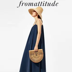 Wholesale Elegant Blue Chiffon Solid Color Loose Slip Boho Maxi Casual Dress For Women