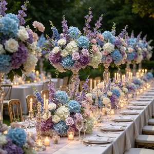 Centro de Mesa Floral de Seda en Tonos Fríos Azules, Lila y Blanco con Hortensias y Esporas Altas para Decoración de Mesa en Bodas y Despedidas de Soltera - Product Image 2
