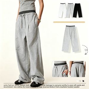 Celana Sweatpants <span class=keywords><strong>Streetwear</strong></span> Bahan Terry Motif Calf-Tripe, Celana Panjang <span class=keywords><strong>Plaid</strong></span> Dekonstruksi Berlapis Pinggang Ganda, Model Longgar Kaki Lurus - Product Image 4