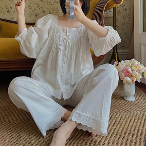 Conjunto de Pijama de Algodón con Cuello Cuadrado y Pliegues Acordeón, Estilo Retro Elegante, Manga Larga, para Mujer, Primavera-Otoño, Nuevo, Holgado y Dulce - Product Image 2