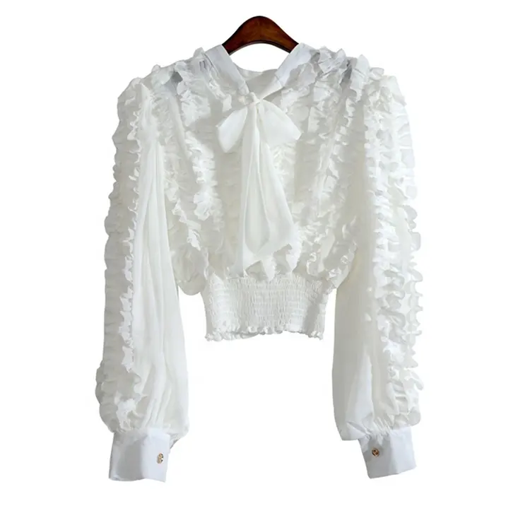 Wholesale Manufacturer Puff Sleeve Smocking White Chiffon Top Shirt for Ladies Women