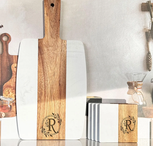 Hoa Kỳ Miễn Phí Vận Chuyển Nhà Nóng Lên Quà Tặng Hình Chữ Nhật Dày Keo Bằng Gỗ Đá Cẩm Thạch Pho Mát Cắt Và Coaster Bộ - Product Image 2