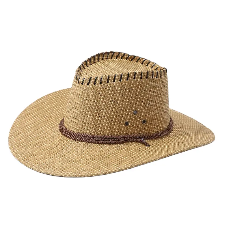 Bahar yaz haddelenmiş ağız nefes caz şapka Unisex büyük ağız düz renk Retro saman güneş şapkası moda erkekler kovboy silindir şapka