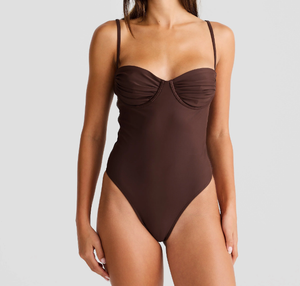 Custom Sizes &amp; Logo Accepted Bulk OEM Chocolate Brown Ruched Bust Balconette High Cut One Piece <strong>Swimsuit</strong> Women's Beachwear - Product Image 1