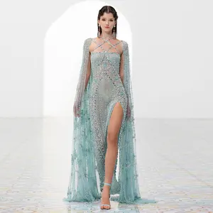 Scz058 Luxury Dubai Aqua Lilac Arabic Mermaid Evening Dress With Cape Sleeves Cross Women Wedding Party Gowns
