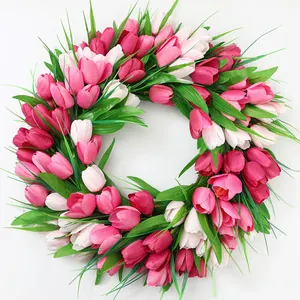 New Style Simulation Pink Tulip Wreath For Front Door Artificial Wreath Wedding Decoration Spring Wreath