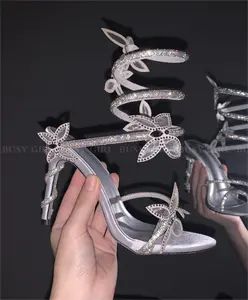 BUSY GIRL CZ4911 Crystal butterfly coil strap heels for ladies high heels 2024 wedding party evening shoes heeled sandals women